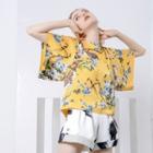 Elbow-sleeve Floral Print T-shirt Yellow - One Size