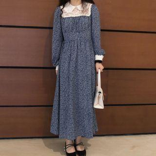 Floral Long-sleeve Maxi A-line Dress Blue - One Size