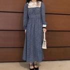 Floral Long-sleeve Maxi A-line Dress Blue - One Size