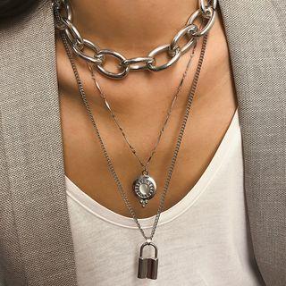 Alloy Lock & Disc Pendant Layered Necklace