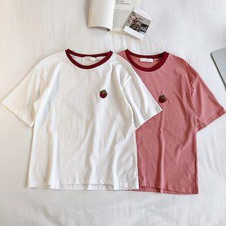 Color-block Strawberry Embroidered Short-sleeve Top