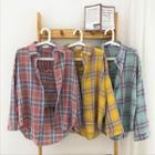 Set:color-block Plaid Tank Top + Plaid Long-sleeve Blouse