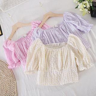 Square-neck Plaid Puff-sleeve Chiffon Top