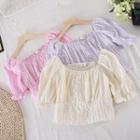 Square-neck Plaid Puff-sleeve Chiffon Top