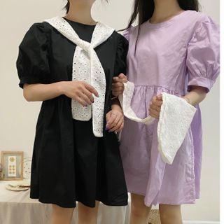 Set: Plain Puff-sleeve Dress + Eyelet Lace Shawl