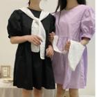 Set: Plain Puff-sleeve Dress + Eyelet Lace Shawl