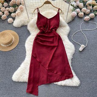 Suspender V-neck Ruched Asymmetrical Hem Dress