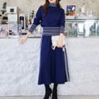 Set: Turtleneck Striped Sweater + Stripe-side Midi A-line Skirt