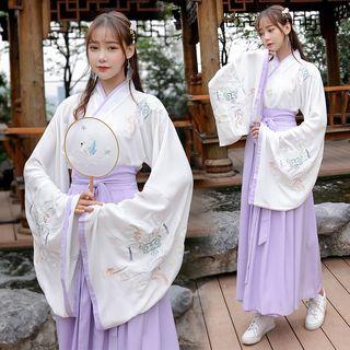 Flower Embroidered Hanfu Blouse / High-waist Maxi A-line Skirt / Set
