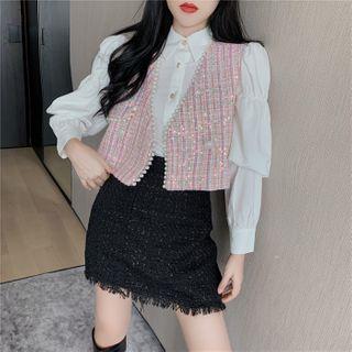 Lantern-sleeve Shirt / Plaid Cropped Vest