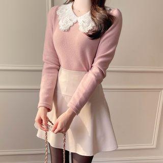 Lace-collar Faux-pearl Napped Top