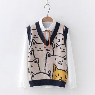 Set: Cat Print Knit Vest + Tie Neck Shirt Vest - Beige & Shirt - White - One Size