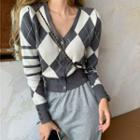 V-neck Argyle Print Cropped Cardigan As Shown In Figure - One Size