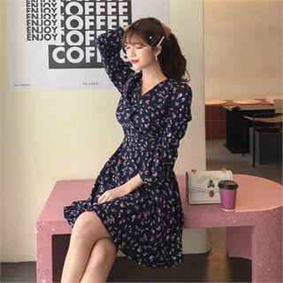 Surplice-neck Flared Floral Dress Navy Blue - One Size