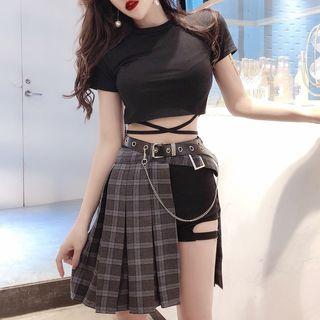 Short-sleeve Cross Strap Cropped T-shirt / Cutout Fitted Shorts / Asymmetric A-line Mini Pleated Skirt / Chained Faux Leather Belt