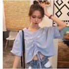 Elbow-sleeve Embroidered Flower Drawstring T-shirt