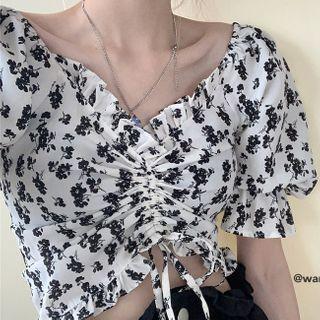 Short-sleeve Floral Print Cropped Top As Shown In Figure - One Size