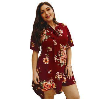 Plus Size Elbow-sleeve Floral Print Mini A-line Dress