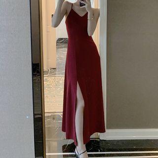 Spaghetti Strap Slit-hem Midi A-line Dress