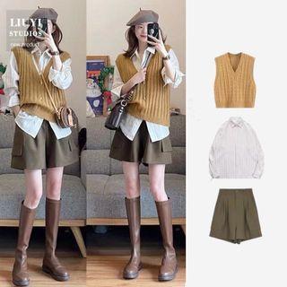 Plain Shirt / Cable-knit Sweater Vest / Shorts