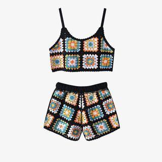 Color Block Crochet Crop Camisole Top / Shorts
