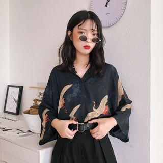 Crane Print 3/4-sleeve Shirt As Shown In Figure - One Size
