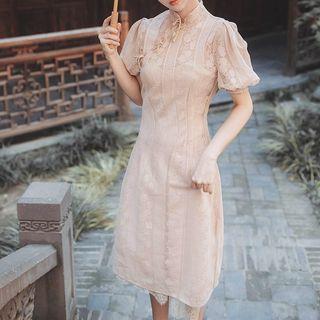 Set: Puff-sleeve Midi Lace Qipao + Slipdress