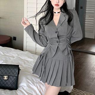 Drawstring Cropped Blazer / Pleated Mini A-line Skirt