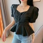 Puff-sleeve Button Cropped Blouse
