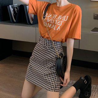 Set: Elbow-sleeve Letter T-shirt + Gingham A-line Mini Skirt