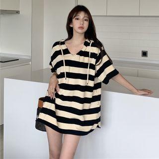 V-neck Striped Hooded T-shirt Stripes - Black & Beige - One Size