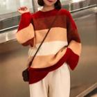 Color-block Stripe Knit Sweater Tangerine Red - One Size
