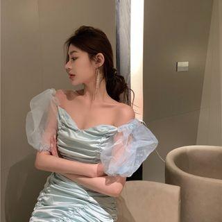 Puff-sleeve Off-shoulder Ruched Bodycon Mini Dress