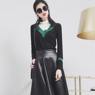Mock Two-piece Color-block Turtleneck Knit Top