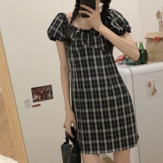 Short-sleeve Plaid Mini Dress Black & White - One Size