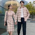 Couple Matching Plaid Shirt / Long-sleeve Sheath Dress / Plain Shorts
