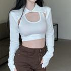 Long-sleeve Collared Cut-out Crop Top White - One Size