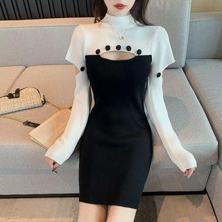 Mock Two-piece Color-block Cutout Dress Black - One Size