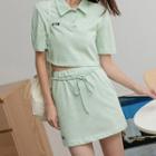 Set: Short-sleeve Cropped Polo Top + A-line Mini Skirt