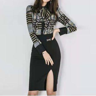 Set: Print Tie-neck Blouse + Midi Skirt