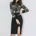 Set: Print Tie-neck Blouse + Midi Skirt