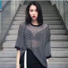 Striped Elbow Sleeve Mesh T-shirt