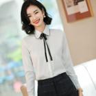 Bow Detail Blouse / Plaid Straight-fit Pants / Set