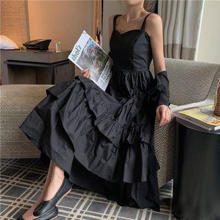 Strappy Tiered Midi A-line Dress Black - One Size