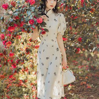 Puff-sleeve Mandarin Collar Floral Midi Sheath Dress