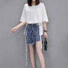 Set: Lace-up Elbow-sleeve T-shirt + Asymmetric Denim Skirt