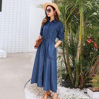 Long-sleeve Gather-waist Shirtdress
