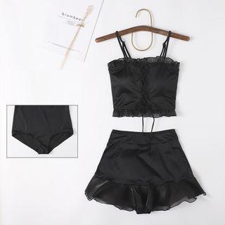 Swim Set: Frill Trim Spaghetti Strap Top + Swim Skirt