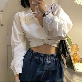 Long-sleeve V-neck Twist Crop Top