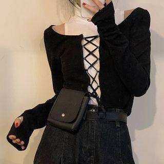 Set: Mock-neck Tank Top + Long-sleeve Lace-up Top Set Of 2 - Tank Top & Top - White & Black - One Size